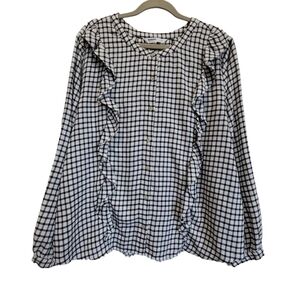 XXL Checkered Long Sleeve Ruffle Button Down Blouse
